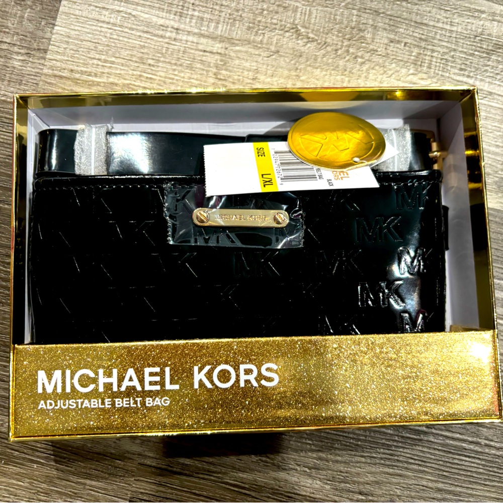 NWT and box Michael Kors  Logo Debossed Belt Bag — blank patent leather.